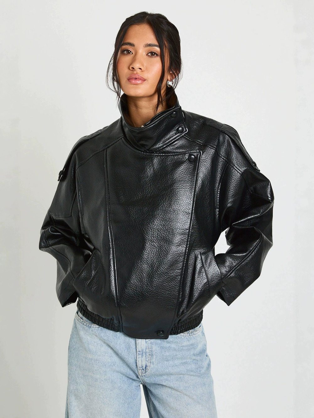 Zara Stand Collar Oversized Leather Biker Jacket Short
